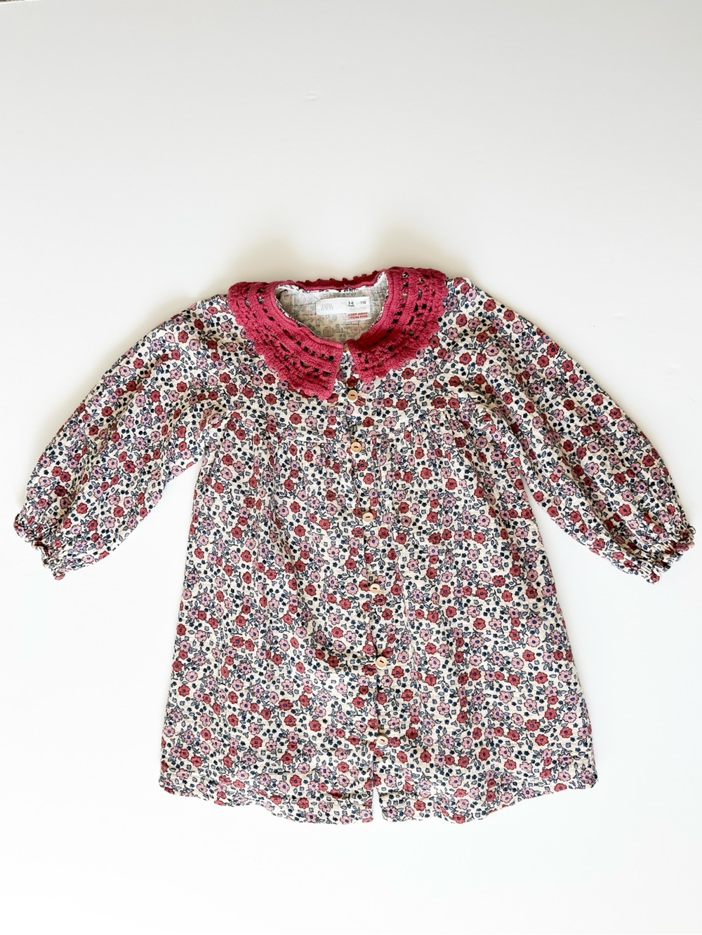 Zara Girls Floral Button-Front Dress with Pink Crochet Collar Size 5-6